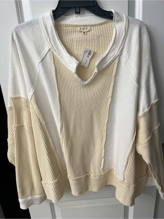 POL Sweaters - POL Cream and White Colorblock Waffle-Knit Pullover